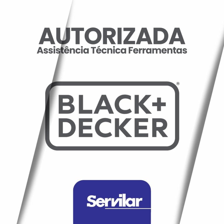 Banner com o logotipo da Black Decker e Servilar, destacando Assistência Técnica Autorizada Black Decker em Tubarão SC.