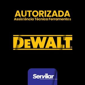 Banner com o logotipo da Dewalt e Servilar, destacando Assistência Técnica Autorizada Dewalt em Tubarão SC.