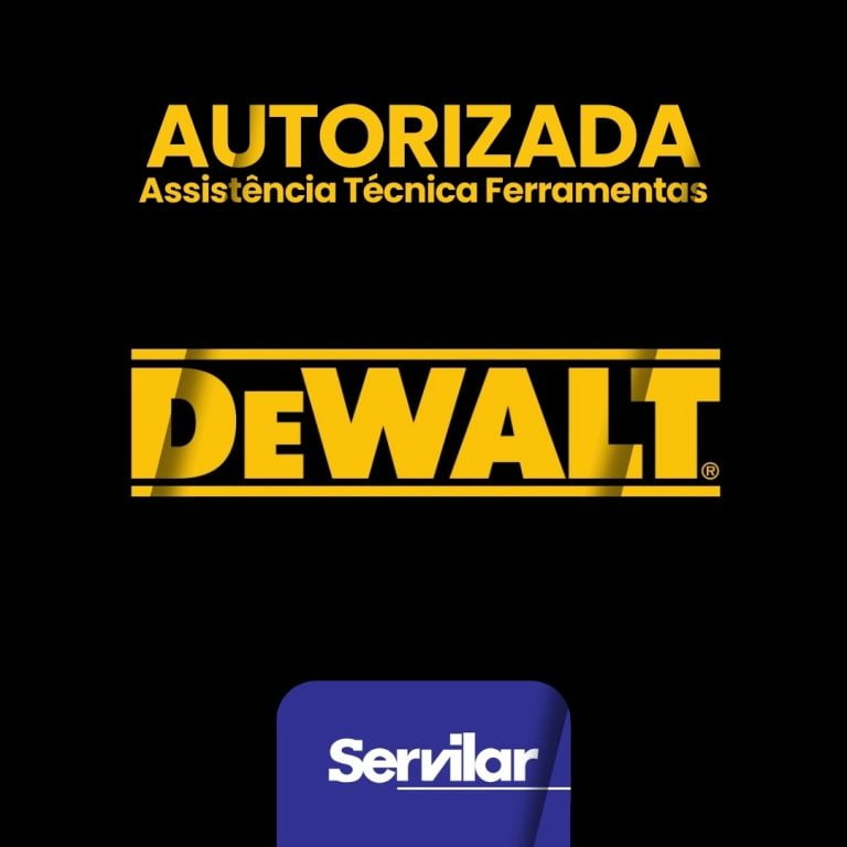 Banner com o logotipo da Dewalt e Servilar, destacando Assistência Técnica Autorizada Dewalt em Tubarão SC.