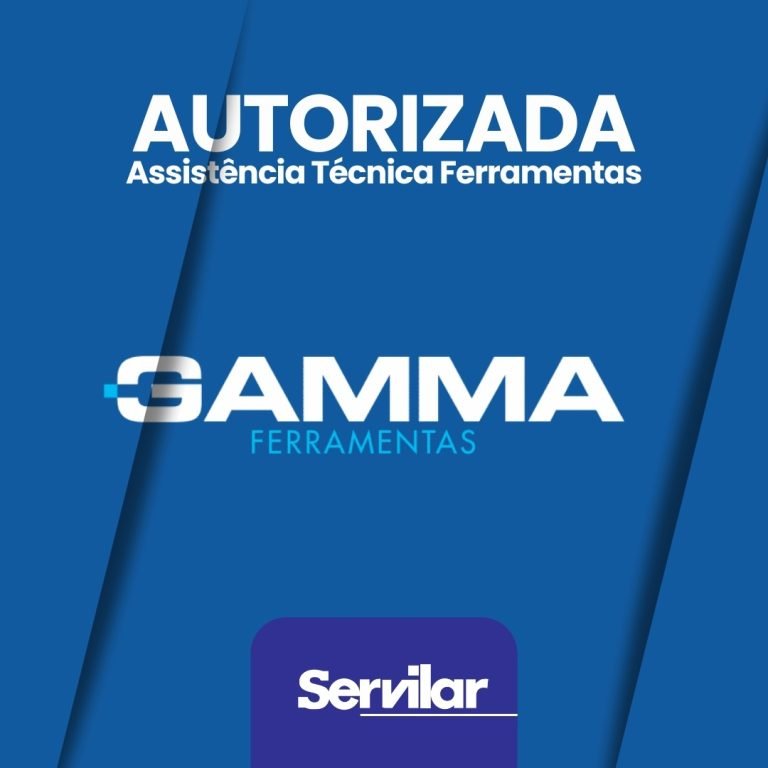 Banner azul com logotipo da Gamma e Servilar, destacando Assistência Técnica Autorizada Gamma em Tubarão SC.