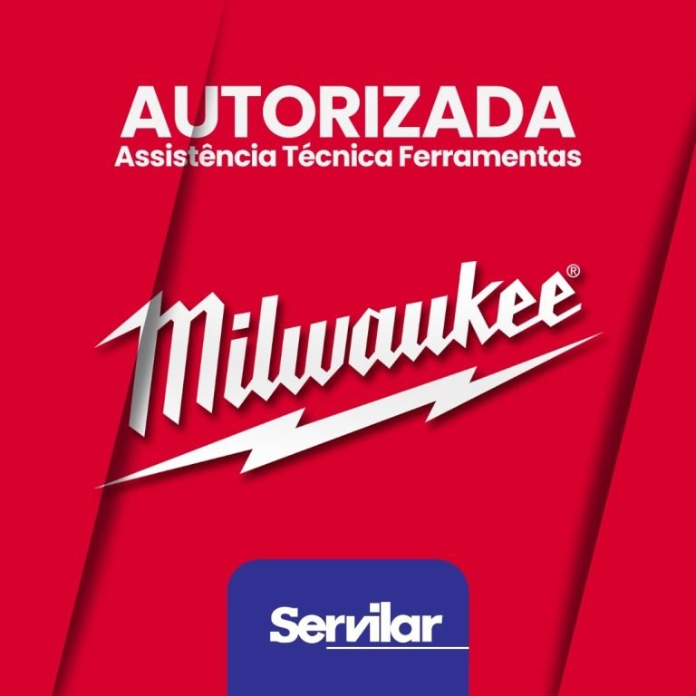 Banner com o logotipo da Milwaukee e Servilar, destacando Assistência Técnica Autorizada Milwaukee em Tubarão SC.