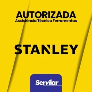 Banner amarelo com logotipo Stanley e Servilar, destacando Assistência Técnica Autorizada Stanley em Tubarão SC.