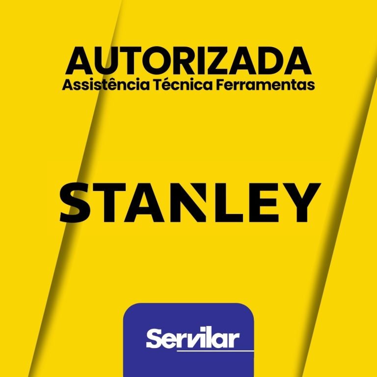 Banner amarelo com logotipo Stanley e Servilar, destacando Assistência Técnica Autorizada Stanley em Tubarão SC.