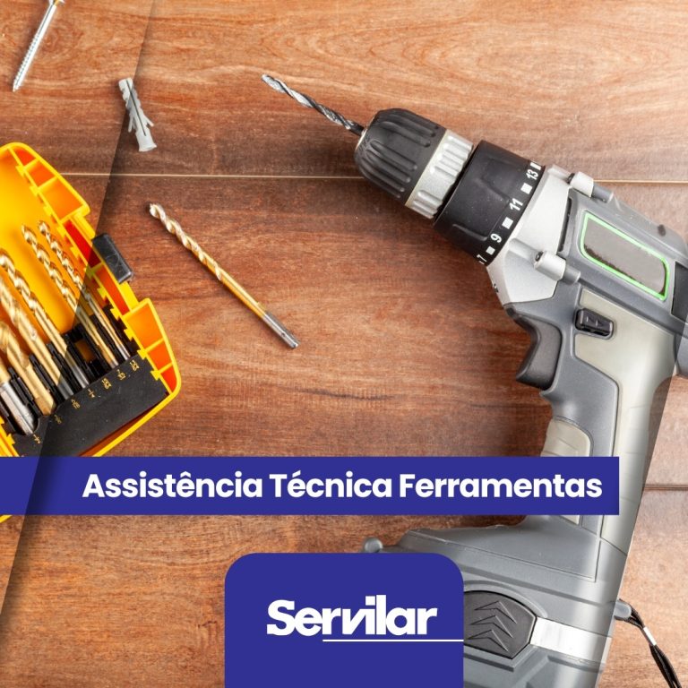 Furadeira e conjunto de brocas para ferramentas, destacando o serviço de Assistência Técnica Ferramentas da Servilar em Tubarão.