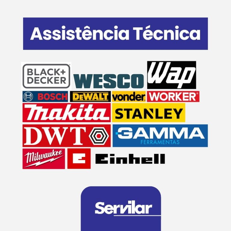 Logos das marcas atendidas pela Assistência Técnica da Servilar em Tubarão SC, incluindo Stanley, Makita, Bosch, e outras.